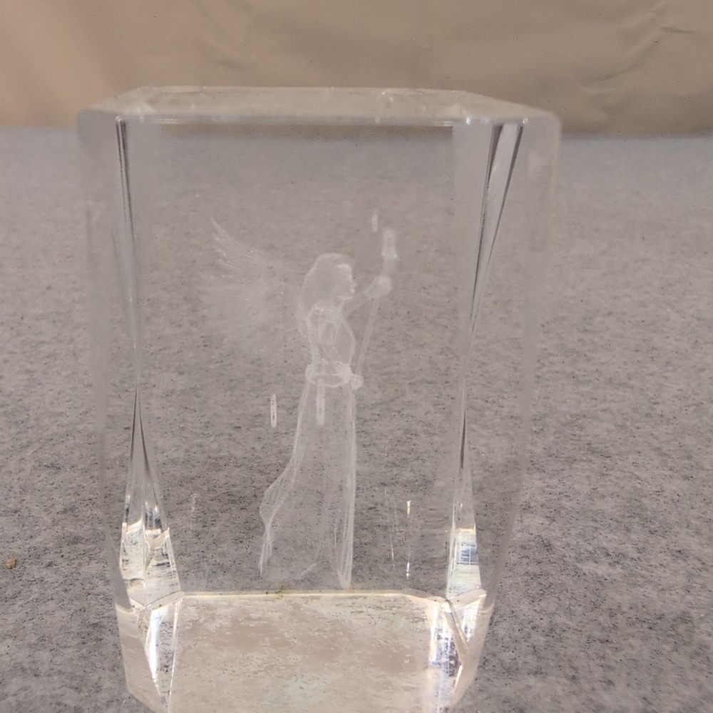 3D Laser Etched Angel Glass Paperweight Clear Faceted Crystal Block Star Motif - Picture 3 of 5